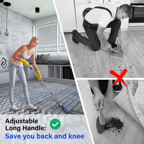 Woman using Long Reach Grout Brush With Adjustable Telescopic Handle for deep tile grout cleaning, saving back and knee.