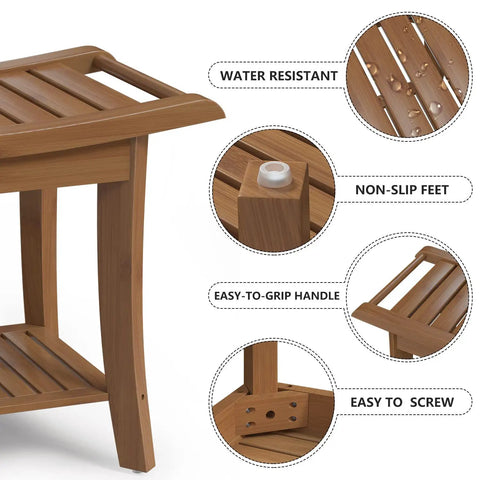 Space Saving Bamboo Shower Stool With Built In Storage Shelf For Bathroom, close-up of walnut finish and highlighted waterproof features