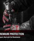 Person wearing Roll Cage Welding And Rigging Gloves With Impact Protection Black Grain Leather High Heat Silicone Reinforcements And Cut Resistant Grippy Grip For Welders X Large handling heavy equipment in black and red.