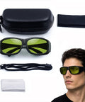 Badass Laser Safety Glasses With Sleek High Density Lenses, protective eyewear with case, cord, and cleaning cloth for welding and hair removal.