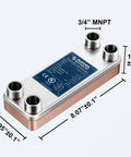 Water To Water Brazed Plate Heat Exchanger With 21 Plates And 3x8 Core Three Quarter Inch MPT Ports 316L Stainless Steel