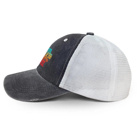 Men's Vintage Trucker Cap With Adjustable Buckle One Size Fits Most, Dope Ball Hat side view showing mesh back and colorful lettering