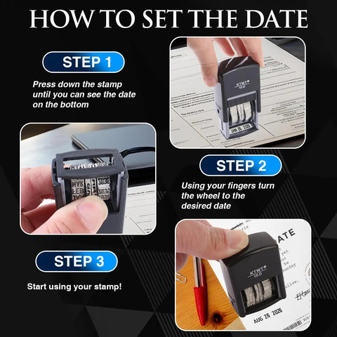 Image showing how to set the date on the Self Inking Date Stamp Featuring Us Mmm Dd Yyyy Format for easy desk use.