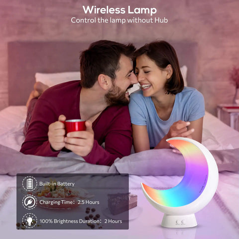 Couple enjoying Rechargeable Dimmable Moon Lamp With Bluetooth App Control And RGB Color Changing Light For Kids beside them