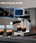 20 Bar Espresso Machine With Hot Brew And Rapid Cold Brew, Stainless Steel Coffee Maker With Milk Frother Steam Wand, 45oz Removable Water Tank, Touchscreen Controls, Elevate Your Home Barista Game With Every Shot, Silver, shown brewing two espresso shots