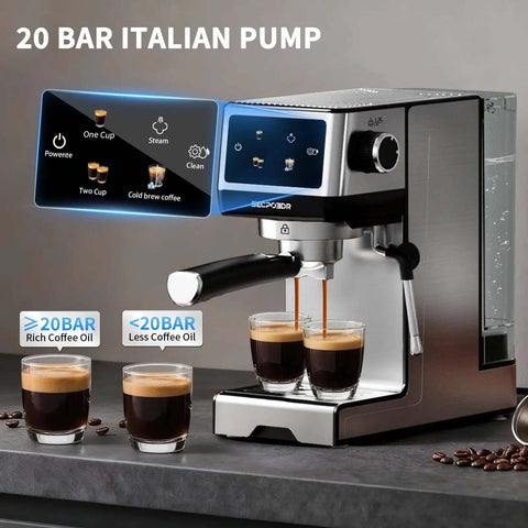 20 Bar Espresso Machine With Hot Brew And Rapid Cold Brew, Stainless Steel Coffee Maker With Milk Frother Steam Wand, 45oz Removable Water Tank, Touchscreen Controls, Elevate Your Home Barista Game With Every Shot, Silver, shown brewing two espresso shots