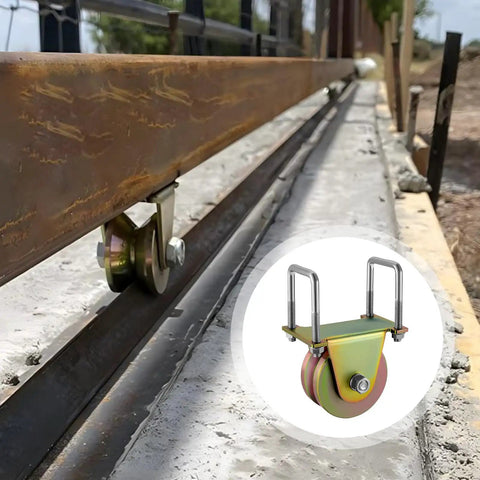 Smooth Operator 4 Inch Crowned V Groove Sliding Gate Rollers Double Bearing Wheels With U Bracket M12 Bolts on metal rail.