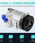 Solid AC Compressor With Clutch Assembly Straight Up Built To Bolt Right Onto Your Audi A3 Or Vw Golf Ride Keep The Cabin Chilled And Always Stay Cool, close-up view with a silver casing and blue connector.