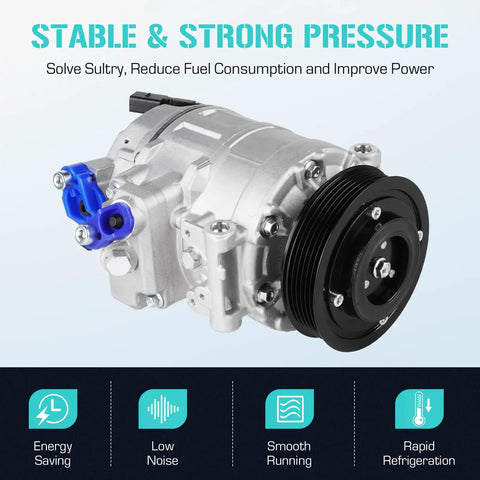 Solid AC Compressor With Clutch Assembly Straight Up Built To Bolt Right Onto Your Audi A3 Or Vw Golf Ride Keep The Cabin Chilled And Always Stay Cool, close-up view with a silver casing and blue connector.