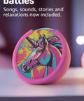 Echo Pop Kids Smart Speaker With Alexa Plus Showcasing Fresh Disney Princess Vibes For Age Appropriate Audiobooks, front view with unicorn design.