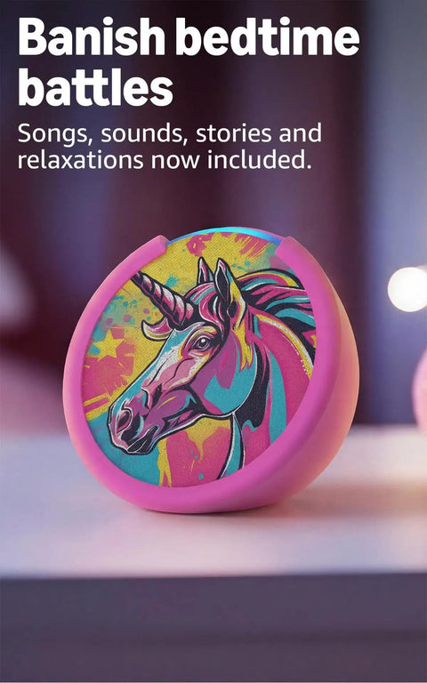 Echo Pop Kids Smart Speaker With Alexa Plus Showcasing Fresh Disney Princess Vibes For Age Appropriate Audiobooks, front view with unicorn design.