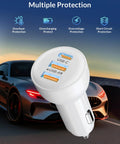 70W 3 Port Fast Car Charger With USB C PD And USB A QC Quick Charge featuring multiple protection icons, car background