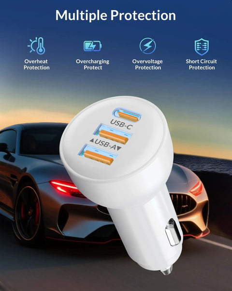 70W 3 Port Fast Car Charger With USB C PD And USB A QC Quick Charge featuring multiple protection icons, car background