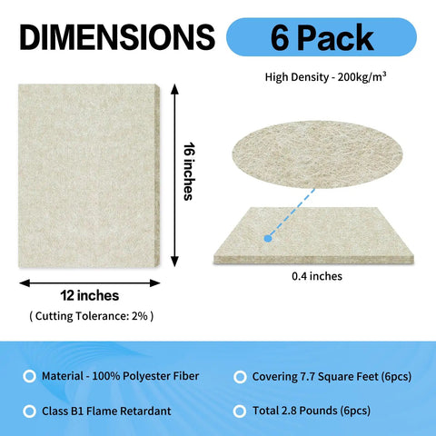 Pro Setup 6 Pack High Density Polyester Sound Absorbing Panels 16 By 12 Inches dimensions and details on acoustic wall tiles.