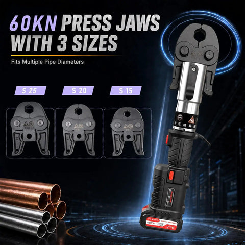 60KN Electric Copper Pipe Crimping Tool with 3 press jaws, designed for multiple pipe diameters. Great for pro contractors and DIY plumbers.