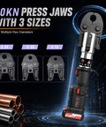 21V Cordless Pex Pipe Crimping Tool With High Strength Copper Press jaws Heavy Duty Hydraulic Design, featuring 60KN press jaws in 3 sizes.