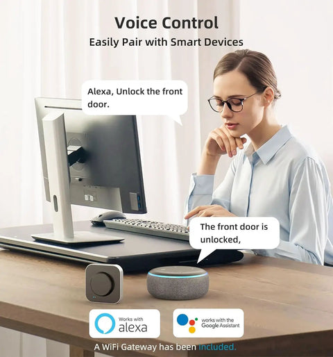 Woman using computer with voice control for Slick WiFi Smart Deadbolt And Keyless Entry Door Lock With No Sweat App Connect.