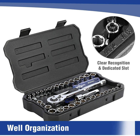 39-Piece Drive Socket Set With Quick-Release Ratchet, One Quarter Inch And Three Eighth Inch Drives in open case
