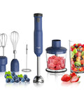 Cordless Rechargeable Immersion Hand Blender 6 In 1 Multi Function Kit in blue with beaker, whisk, chopper, and fruits