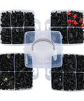 Five-section box showing Must Have 941Pcs Car Retainer Clips And Auto Body Fasteners Kit with various sizes of nylon clips.
