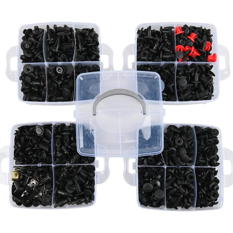 Five-section box showing Must Have 941Pcs Car Retainer Clips And Auto Body Fasteners Kit with various sizes of nylon clips.