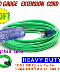 Heavy Duty 10 Gauge Extension Cord 50 Feet Indoor Outdoor With Three Outlets And Lighted Ends Triple Tap Power Cord