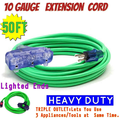 Heavy Duty 10 Gauge Extension Cord 50 Feet Indoor Outdoor With Three Outlets And Lighted Ends Triple Tap Power Cord