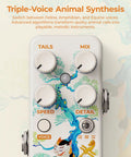 Close-up of South Zoo Dope Voice Synth Pedal for Triple Voice Polyphonic Guitar Synthesis with control knobs and artwork.