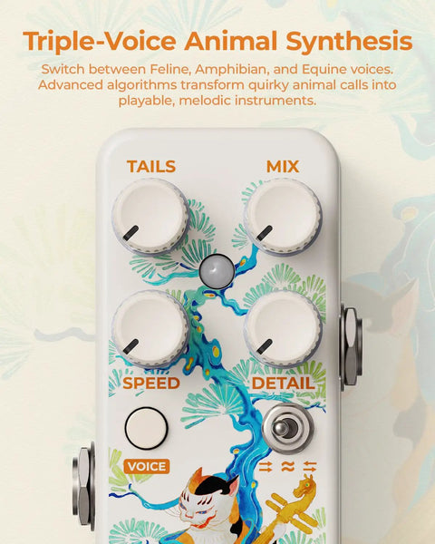 Close-up of South Zoo Dope Voice Synth Pedal for Triple Voice Polyphonic Guitar Synthesis with control knobs and artwork.