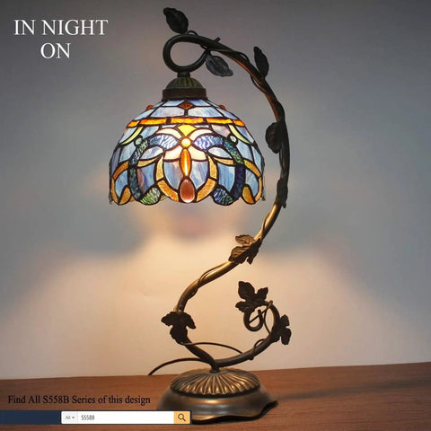 Tiffany Lamp Cloudy Blue Stained Glass Table Lamp With Metal Leaf Base In Bronze Finish 21 Inch Tall 8 Inch Shade S558 Series
