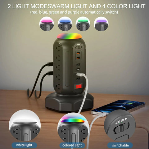 Dope Power Strip Tower With Colorful Nightlight 15 AC Outlets 6 USB Ports Retractable Extension Cord 900 Joule Surge Protector