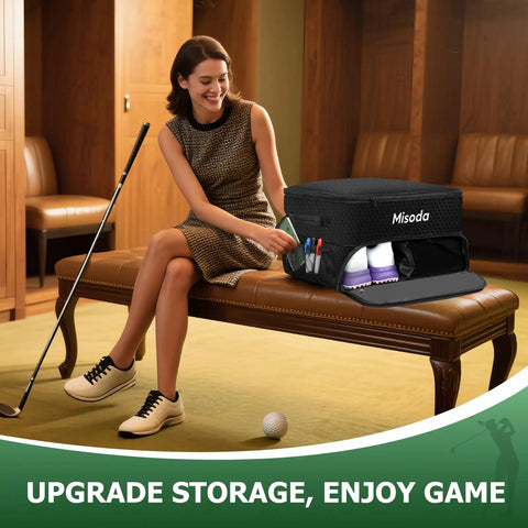 Woman sitting next to a Golf Trunk Organizer With Shoe Storage And Ventilated Compartment Waterproof Car Trunk Locker For Golf Gear And Accessories 2 Pair Capacity Ideal Gift For Men Black, displayed on a bench with golf shoes visible inside.