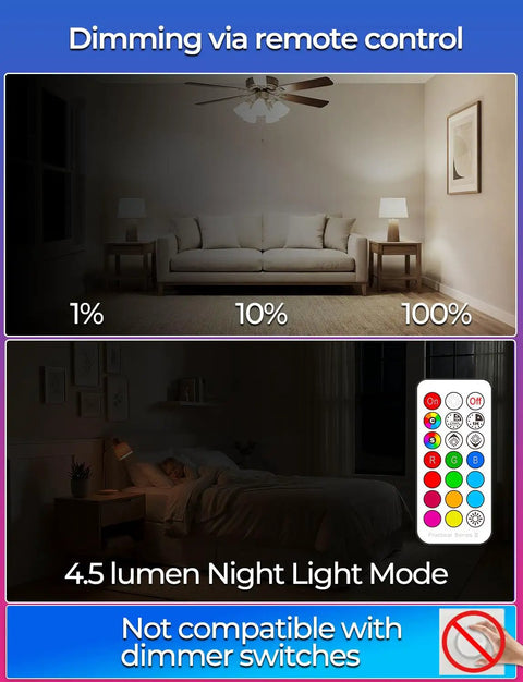 Color Changing A15 RGBW LED Bulb 40W Equivalent with Remote 12 Colors 4 Pack in dimming mode and night light mode demonstration.
