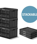 Black collapsible storage bins and folded stack, labeled 'Stackable'