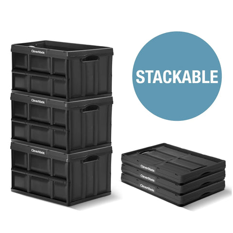 Obsidian Collapsible Storage Bins 46L Pack Of 3 Stackable Heavy Duty Folding Crates shown stacked and folded