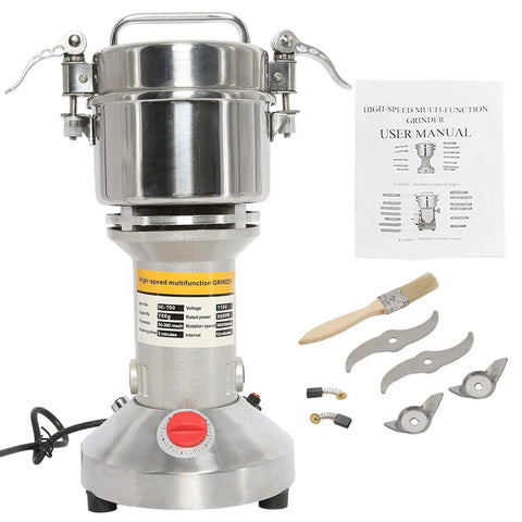 Heavy Duty 700G Grain Mill Grinder With 2500W Power and accessories, showing stainless steel design and user manual