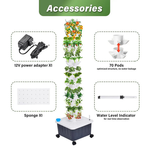 Vertical Hydroponic Growth Tower With 14 Layers And 70 Slots For Easy Balcony Garden, Automatic Watering System, accessories overview
