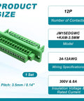 Bulletproof Screw Terminal Block 12 Pin Connector 3.5MM Pitch Wiring Set For 24 To 12 AWG Cable With Tin Plated Brass Contacts, 12-position model JM15EDGWC.