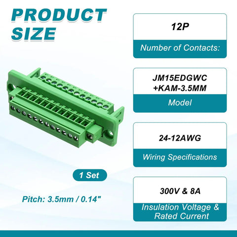 Bulletproof Screw Terminal Block 12 Pin Connector 3.5MM Pitch Wiring Set For 24 To 12 AWG Cable With Tin Plated Brass Contacts, 12-position model JM15EDGWC.