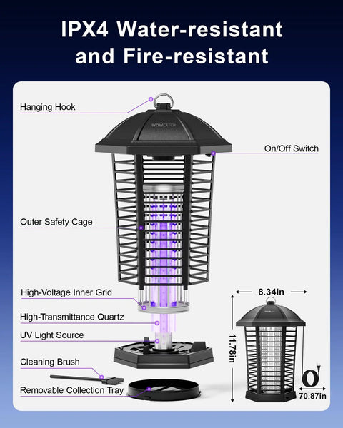 High Power LED Bug Zapper For Outdoor And Indoor Use 4200V Electric Fly Trap with safety cage, UV light, and collection tray.