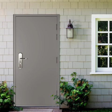 Quick Mount Steel Security Door With Frame And Hardware, Gray Right Side Hinged Outward, Adjustable Width From Forty Three And Five Sixteenths Inches To Forty Five And Eleven Sixteenths Inches, Height Eighty One And Eleven Sixteenths Inches