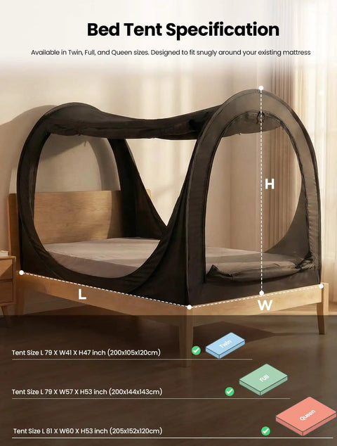 Privacy Bed Tent Pop Up Sleep Pod With 360 Degree Privacy And 80 Percent Light Blocking Breathable Mesh Canopy With Four Easy Access Doors For Dorm Rooms Shared Spaces And Kids installed on a wooden bed frame.