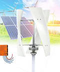 18000W Vertical Wind Turbine Kit Delivers Serious Power For Home And Business With 48V Controller Eco Friendly Renewable Energy Solution For Boats Cabins Gazebos Mobile Homes And Industrial Sites, white vertical turbine with controller and solar panels in background