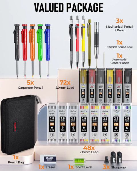 Pro Grade Carpenter Drawing Kit With Straight Up Solid Lead Pencils And Mechanical Refills, Sharpener, Carbide Scribe, Mini Level, Center Punch, Canvas Bag For Crew Leaders And Tradesmen showing various pencils, leads, and tools.