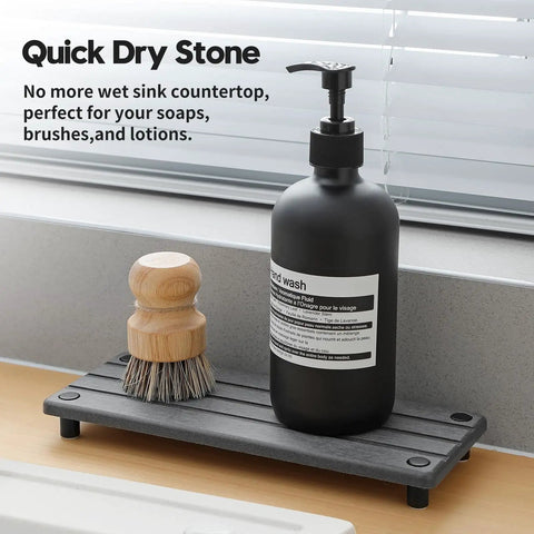 Total Game Changer For Messy Counters, This Fast Drying Diatomite Sink Caddy 10x4 inches with a soap pump and brush.