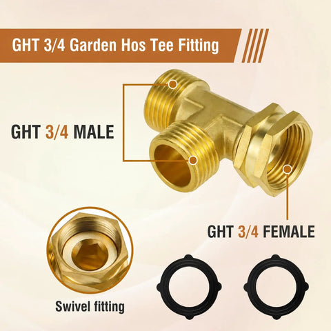 GHT 3/4 Hose Tee Adapter For Outdoor Faucets And Bibs 2 Way Garden Hose Splitter With Female To Male To Male Fittings Easy Flow Redirect For Lawn Care And Yard Projects brass tee fitting with gasket