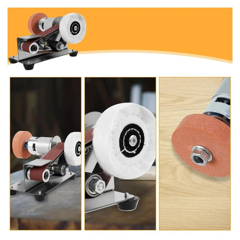 Ultra Compact Mini Electric Belt Sander With Grinder Set showing grinding wheels and belt for DIY edge polishing and sharpening.