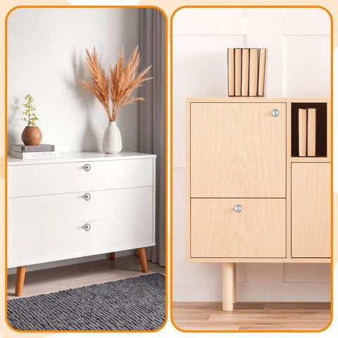 White dresser and wooden cabinet with Six Pack Crystal Cabinet Knobs With Flower Glass Handles 1.4 Inch Diameter Clear Crystal
