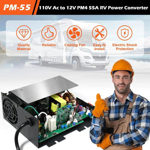 Bad Boy 55 Amp RV Power Converter showing internal wiring and cooling fan for 110 Volt AC to 12 Volt DC operation.