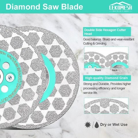 Double Sided Diamond Blade For Angle Grinder Vacuum Brazed No Chip Tile Cutting And Grinding Wheel Porcelain Granite Marble Concrete 5/8-11 Thread 8 Hole Flange For Clean, Fast, Stable Cuts product image with hexagon pattern.